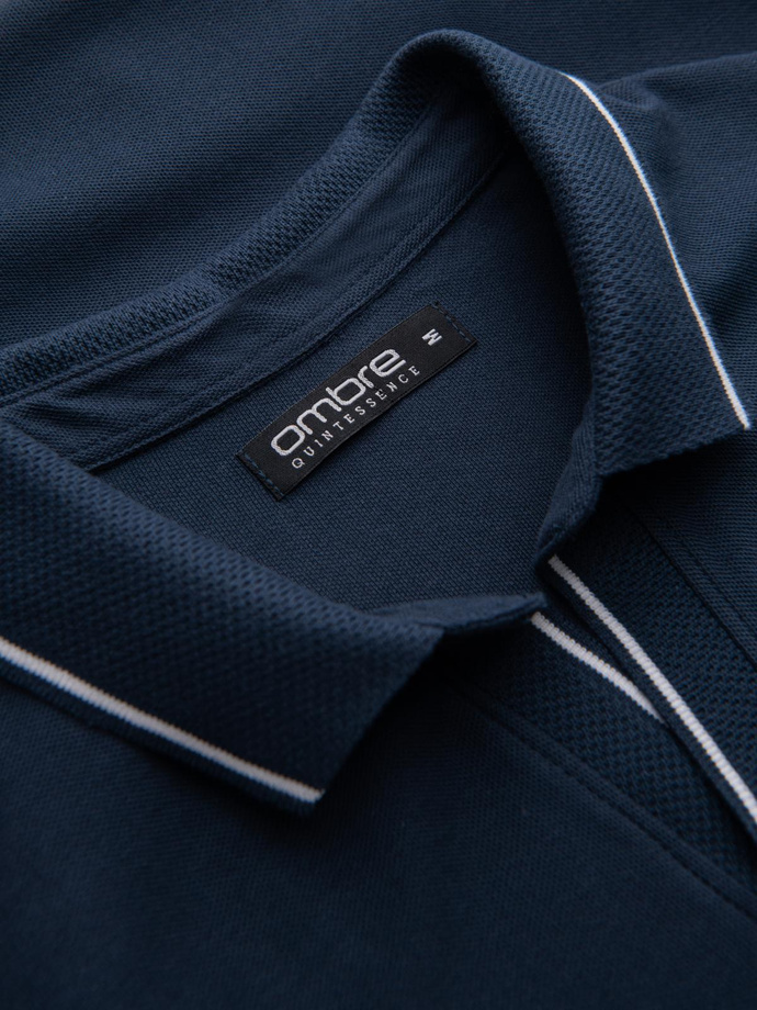 Men's pique knit polo shirt without buttons - navy blue V3 OM-POSS-0110