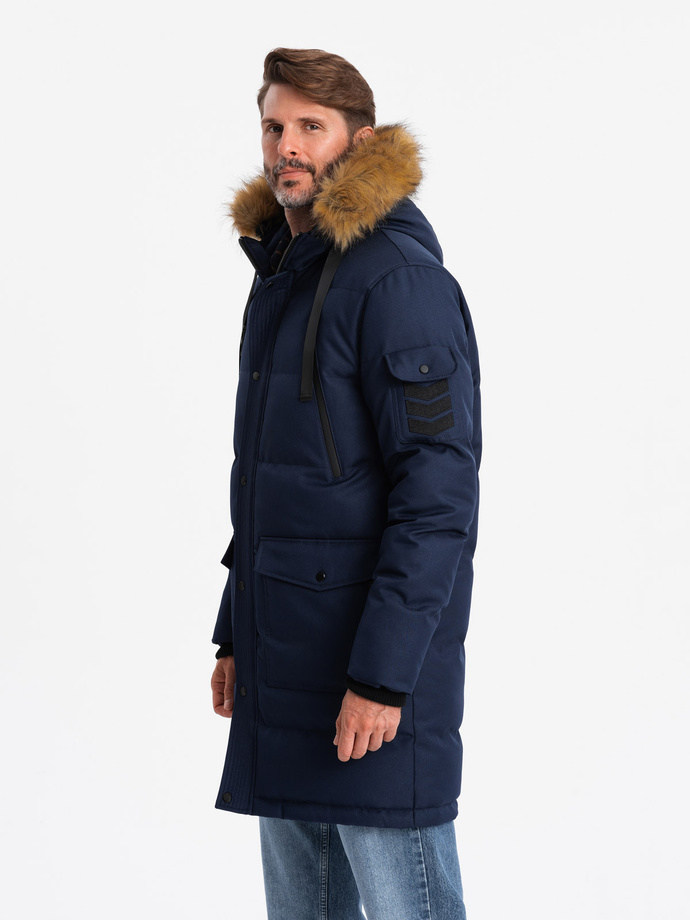 Men's long warm parka hooded jacket - navy blue V1 OM-JALJ-0182