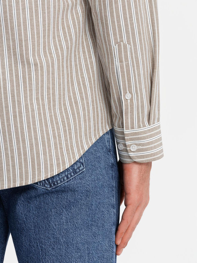 Men's cotton REGULAR FIT shirt with fine stripes - beige V1 OM-SHOS-0170