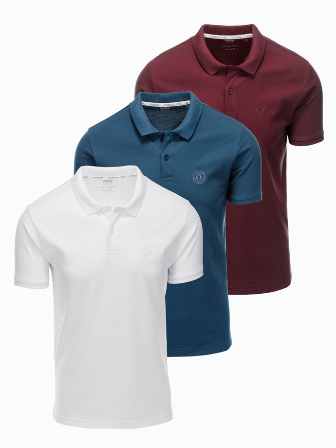 Komplet męskich bawełnianych t-shirtów polo BASIC – biały/bordowy/ciemnoniebieski V4 OM-POBS-0133