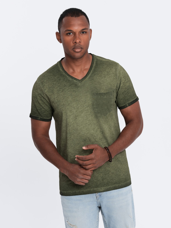 Men's brindle V-neck t-shirt with pocket - olive V9 OM-TSCT-22SS-002