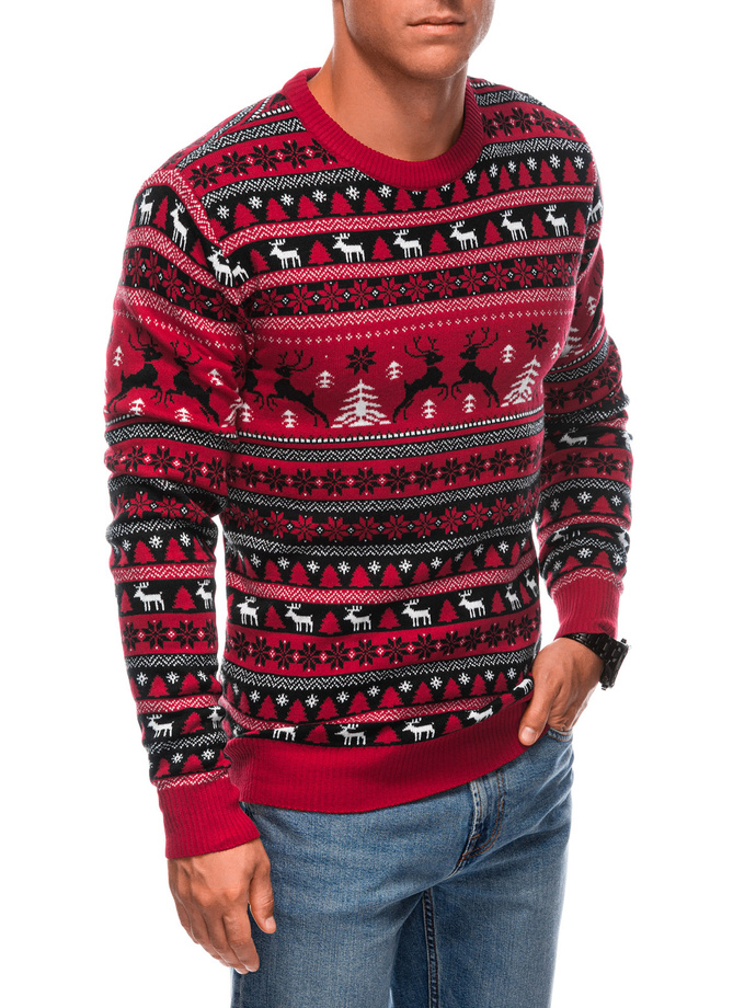 Men's red Christmas jumper with Norwegian patterns - red V1 EM-SWOS-0101