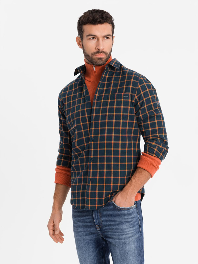 Męska flanelowa koszula w kratę SLIM FIT - granatowo-pomarańczowa V1 OM-SHCS-0145