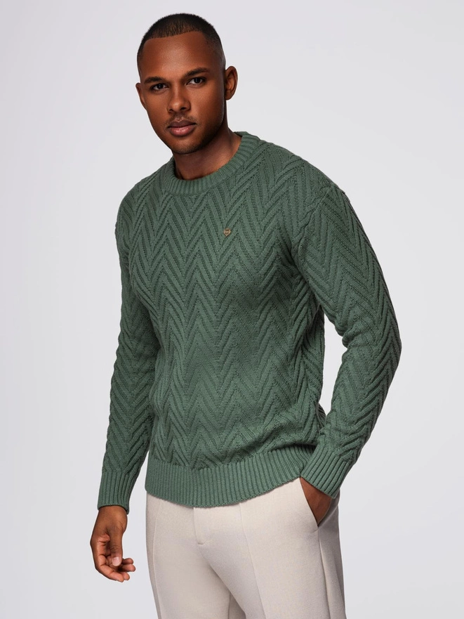 Men's knit sweater with zigzag weave - faded green V2 OM-SWSW-0147