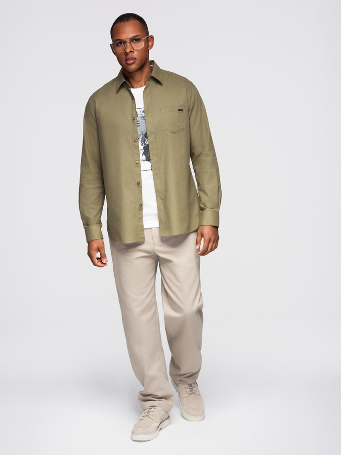 Men's cotton shirt with pocket REGULAR FIT - olive V2 OM-SHCS-0147