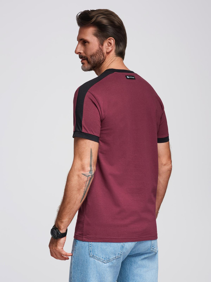 Men's T-shirt with contrasting stripes - maroon V2 OM-TSCT-0115