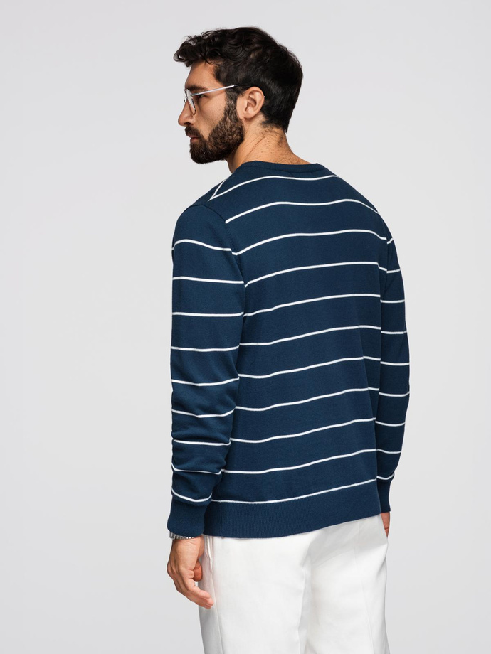 Casual men's sweater with horizontal stripes - navy blue V1 OM-SWSW-0143
