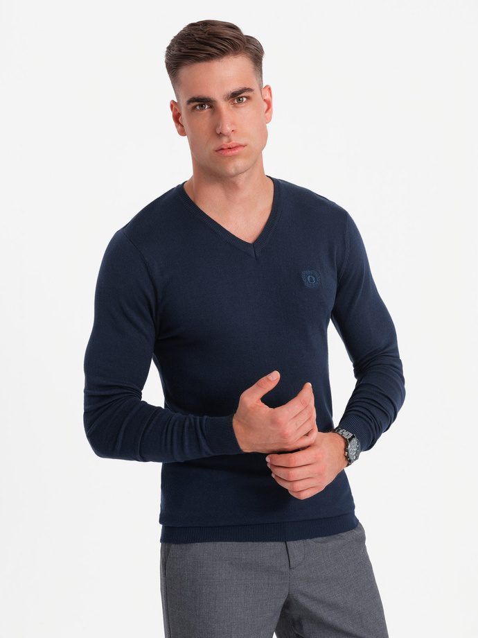 Męski elegancki sweter BASIC V-neck z wiskozą – granatowy V2 OM-SWBS-0107