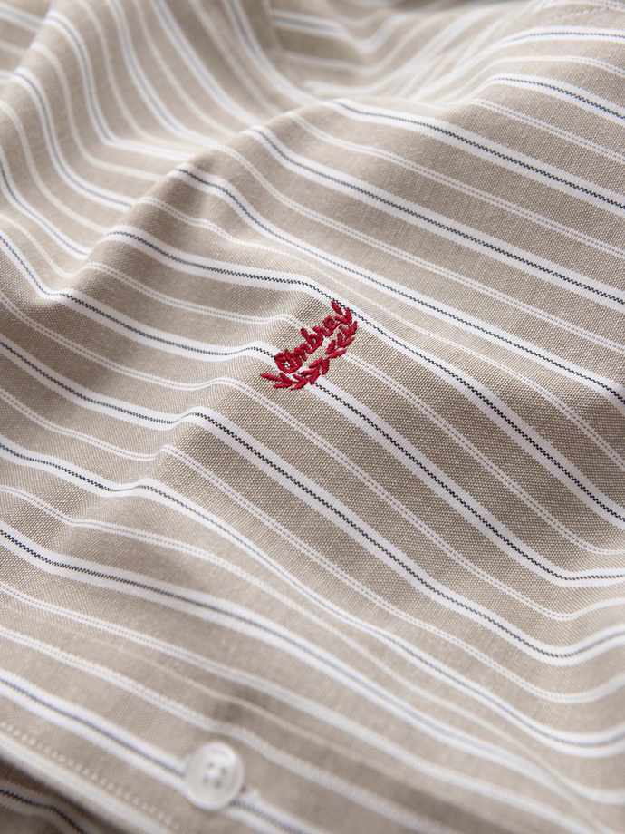 Bawełniana koszula męska REGULAR FIT w drobne paski – beżowa V1 OM-SHOS-0170