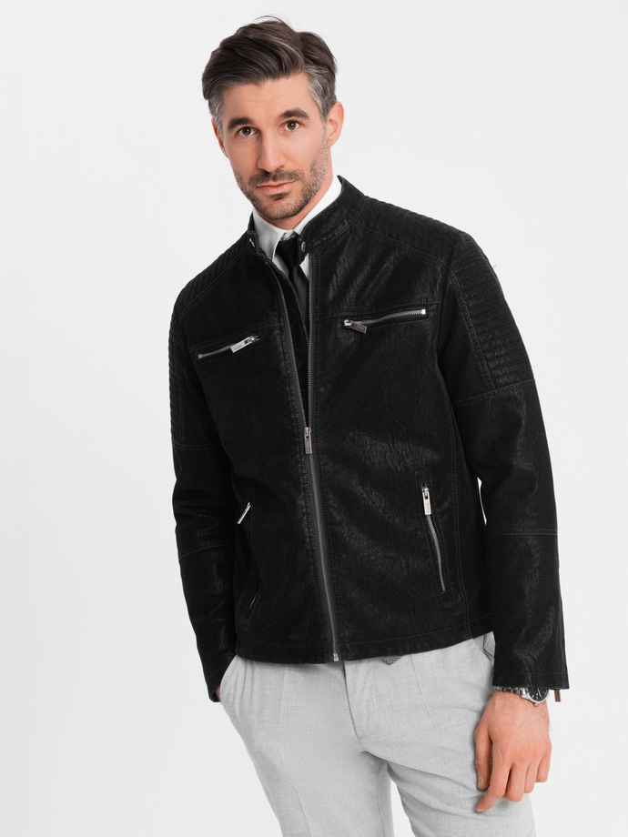 Men's retro-style biker jacket with stand-up collar - black V2 OM-JAFL-0197