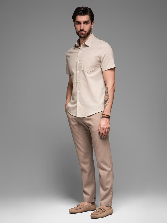 Men's short-sleeved linen-cotton shirt with pocket - beige V4 OM-SHSS-0167