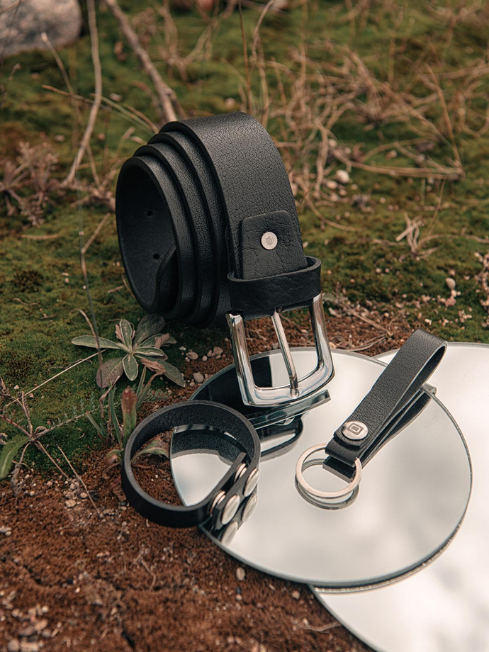 Zestaw męskich akcesoriów skórzanych pasek breloczek bransoletka - czarny V1 A852