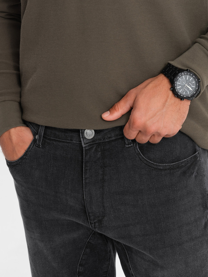 Spodnie męskie jeansowe TAPERED FIT z przeszyciami i podwiniętymi nogawkami – czarne V3 OM-PADP-0161