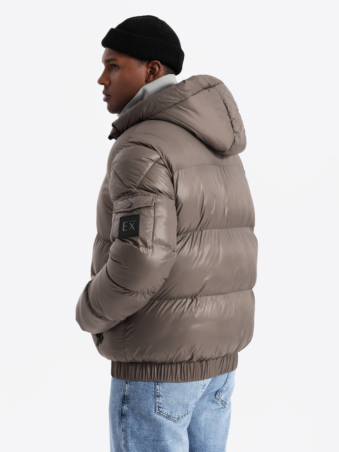 Warm men's puffer jacket with welts - dark beige V3 OM-JAHP-0207