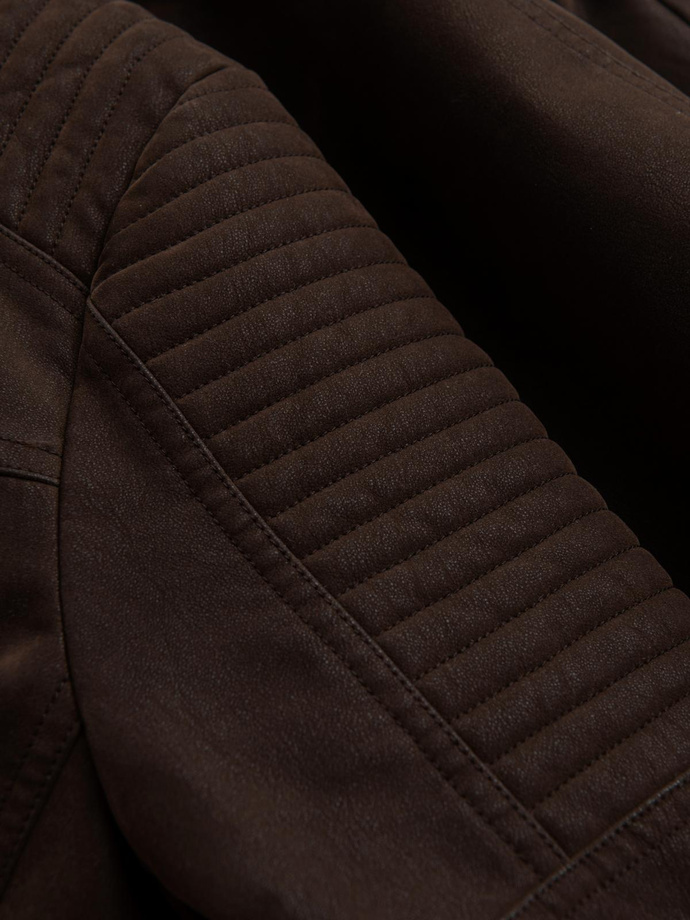 Men's stylish eco leather biker jacket with collar - dark brown V1 C637