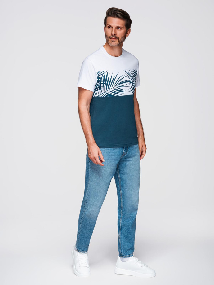 Men's two-tone t-shirt with palm leaf print - dark blue V1 OM-TSPT-0177