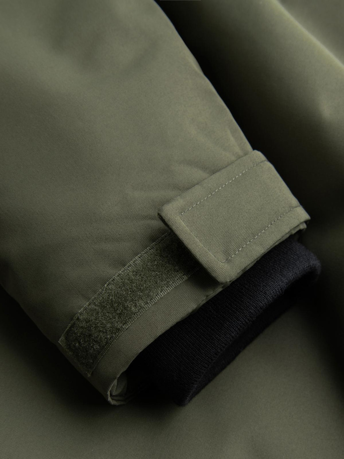 Ocieplana długa kurtka męska z odblaskowymi elementami – oliwkowa V3 OM-JALJ-0169