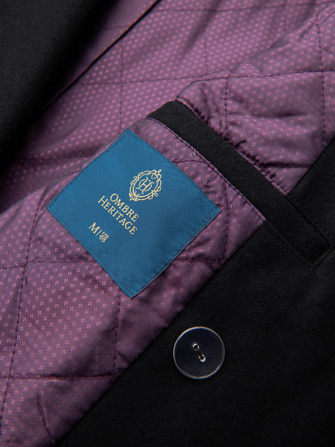 Męski dwurzędowy płaszcz z wełną oraz aplikacjami z koralików na rękawach – czarny V1 OM-COWC-0148