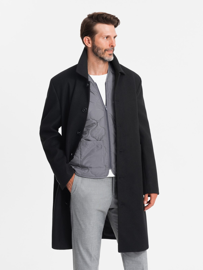 Men's long single-breasted coat with collar and undercoat - black V1 OM-COWC-0106