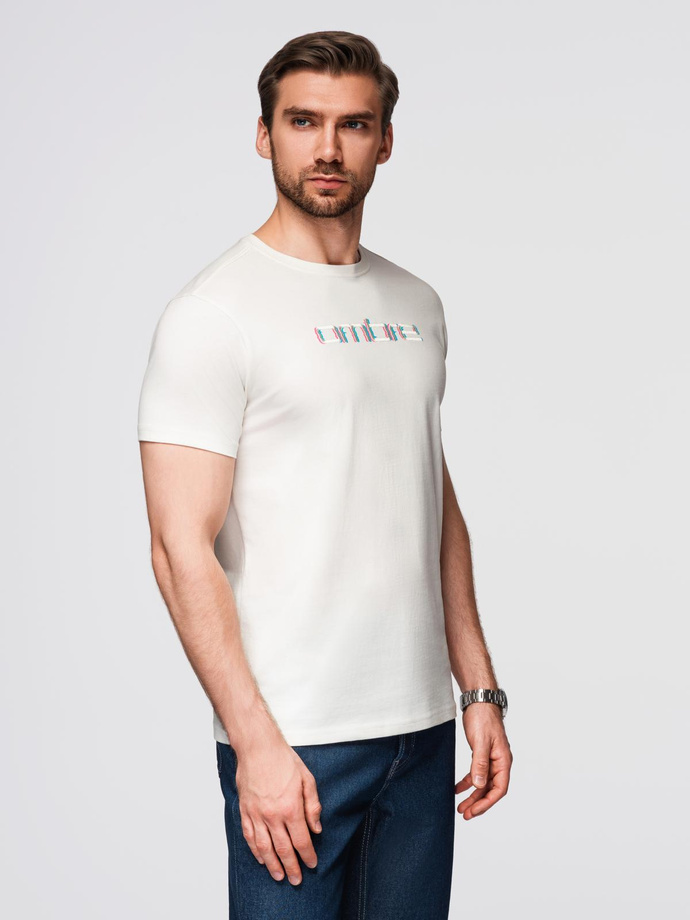 T-shirt męski z haftem na klatce piersiowej – biały V2 OM-TSPT-0248