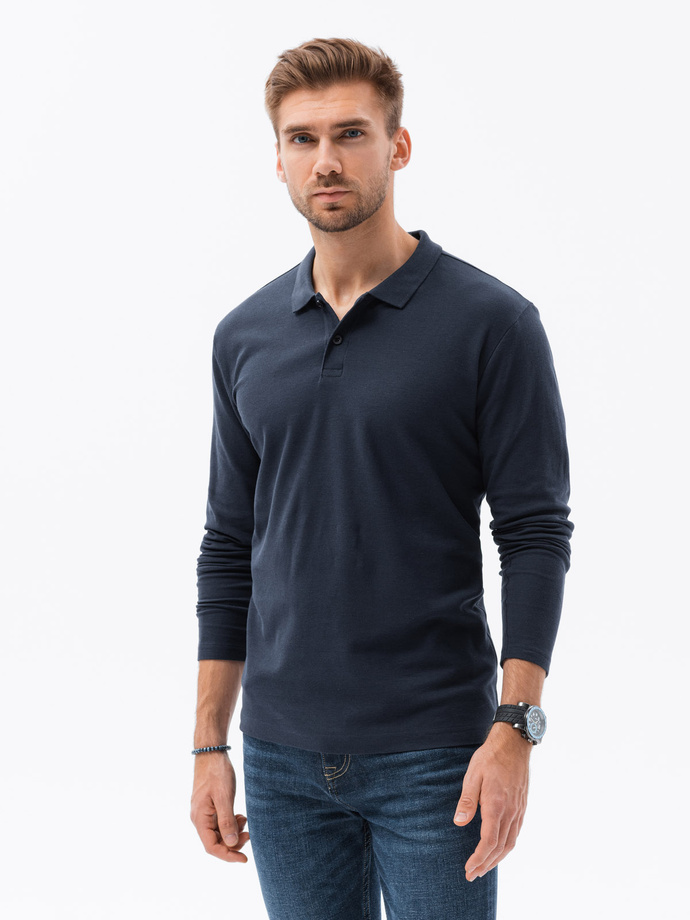 Longsleeve męski z kołnierzykiem bez nadruku - granatowy V3 L132