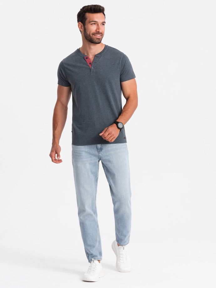 T-shirt męski z rozpinanym okrągłym dekoltem henley – granatowy V5 OM-TSCT-0155