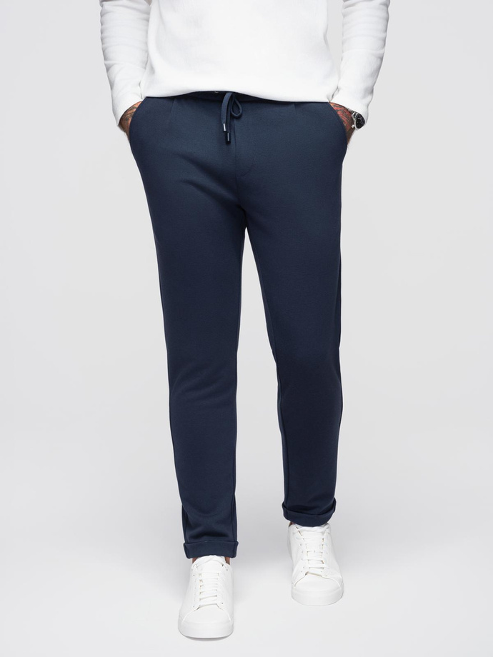 Men's pique knit pants with adjustable waistband - navy blue V1 OM-PACP-0283