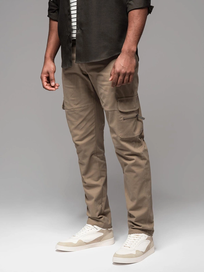 Men's cargo pants STRAIGHT LEG with zippered pockets - khaki V3 OM-PACG-0204