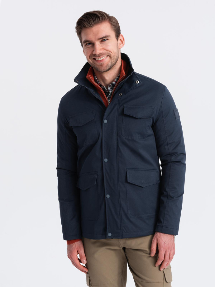 Men's lightweight jacket with high collar and pockets - navy blue V2 OM-JALP-0167