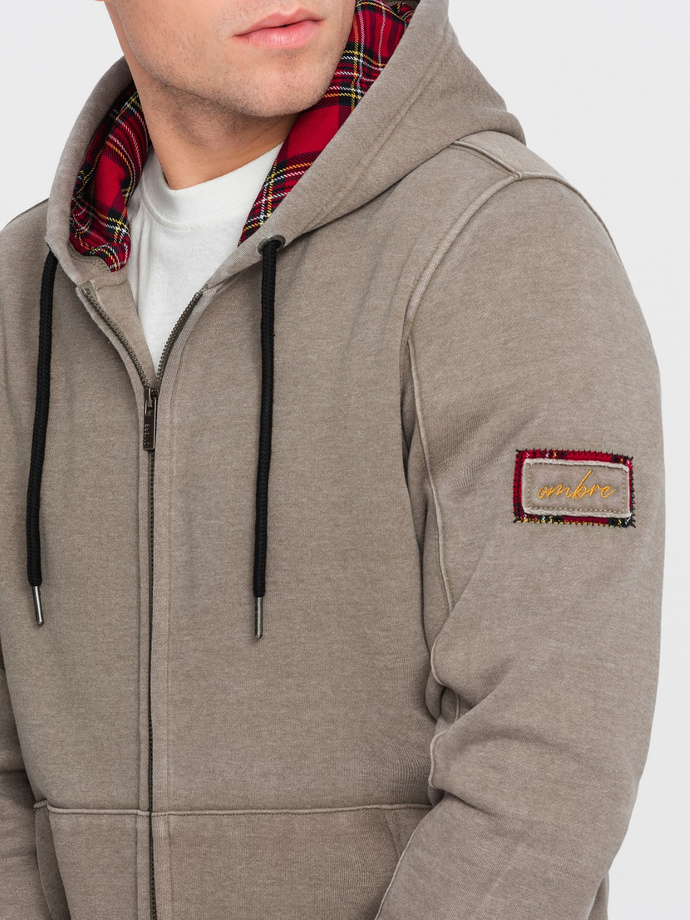 Washowana bluza męska rozpinana z kapturem - khaki V2 OM-SSDS-0110