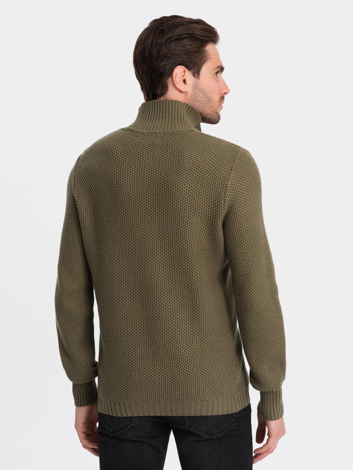 Men's knitted sweater with spread collar - olive V6 OM-SWZS-0105