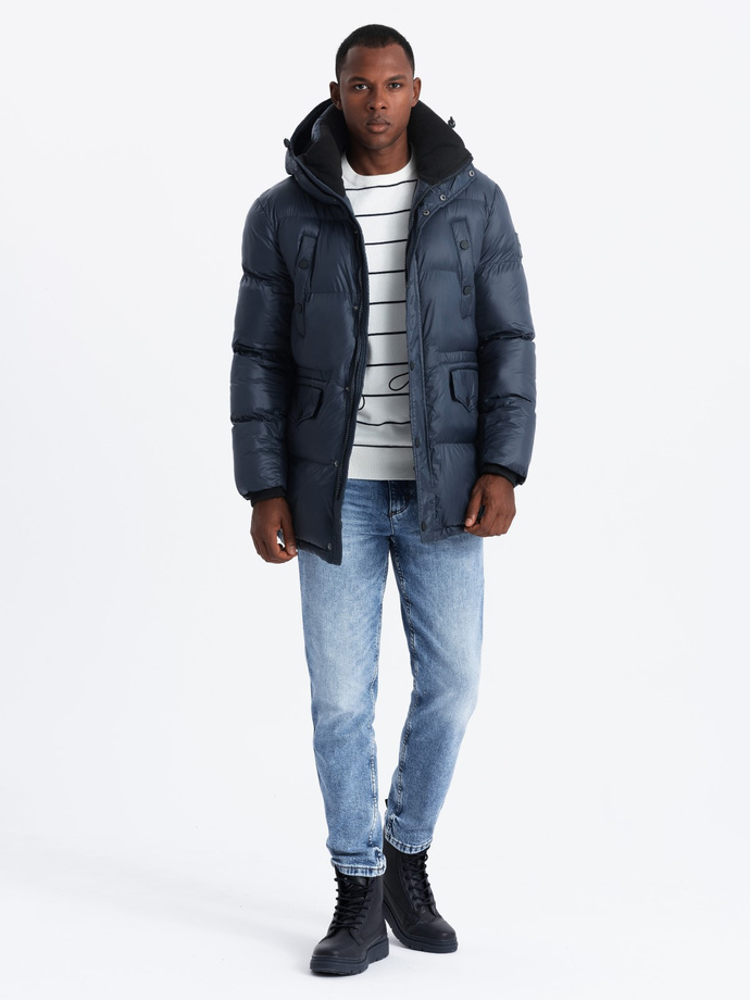 Męska długa kurtka puffer z zapinanymi kieszeniami – granatowa V3 OM-JALJ-0186