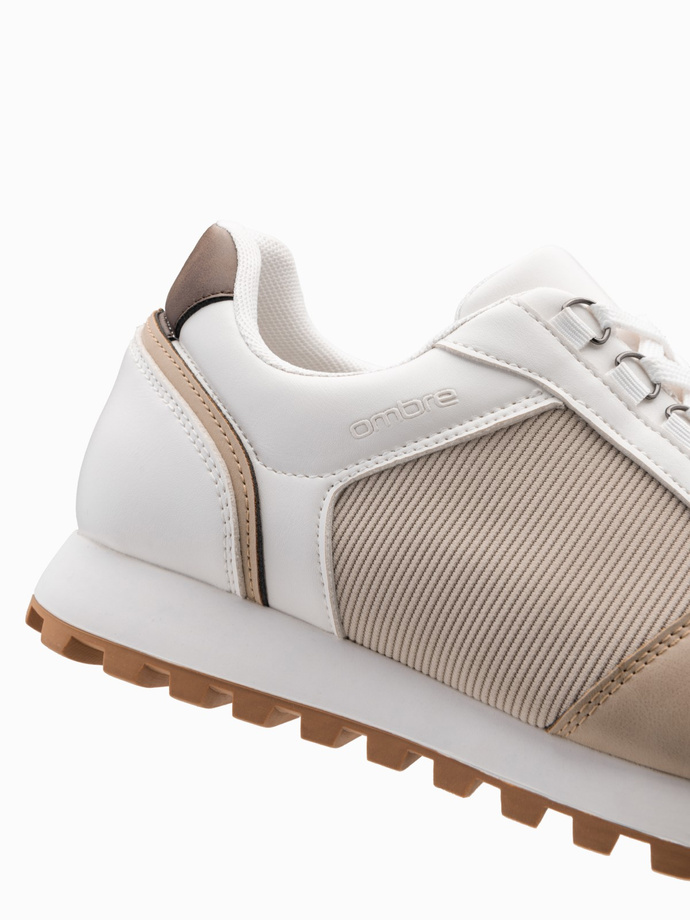 Patchworkowe męskie buty sneakersy z łączonych materiałów – biało-piaskowe V1 OM-FOSL-0144