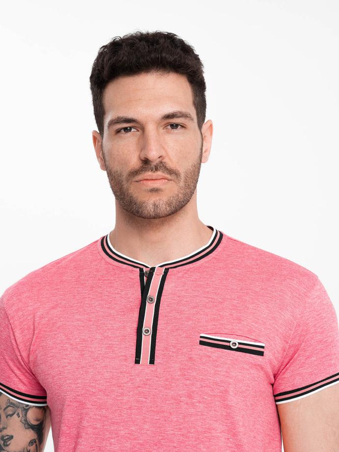 Men's henley t-shirt with decorative ribbing - red V1 OM-TSCT-0175