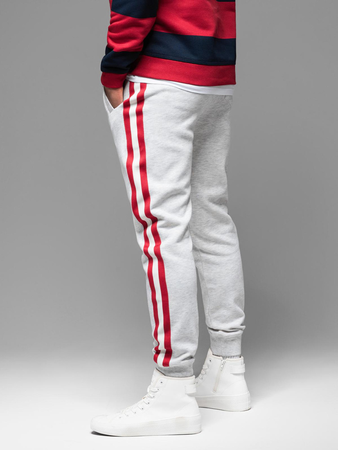 Męskie spodnie dresowe z lampasami i ściągaczami na nogawkach – szary melanż V1 OM-PASK-0258