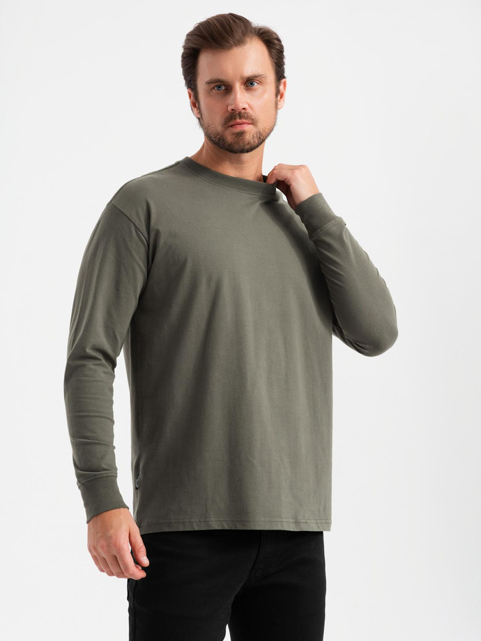 Bawełniany męski longsleeve LOOSE FIT z okrągłym dekoltem – szarozielony V3 OM-LSBC-0129