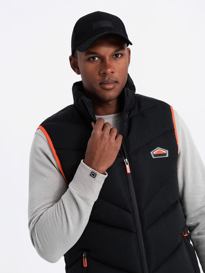 Men's quilted sleeveless jacket with neon accents - black V4 OM-JAVJ-0210