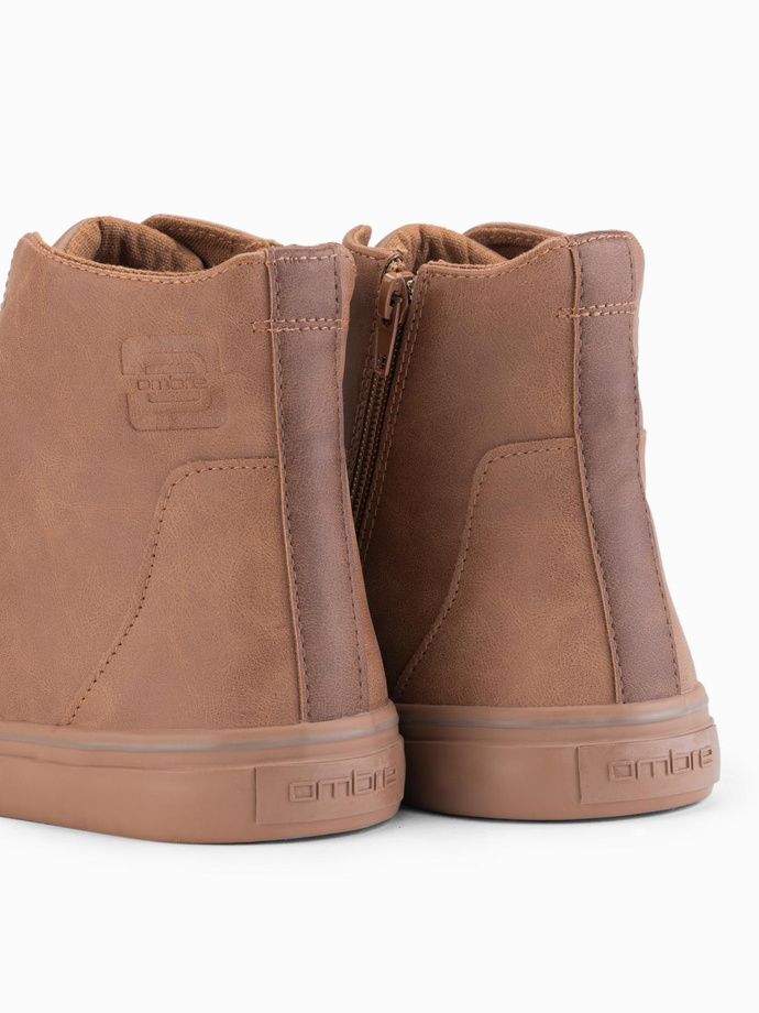 Men's high-top sneakers with matte texture and embossed logo - light brown V3 OM-FOTH-0185