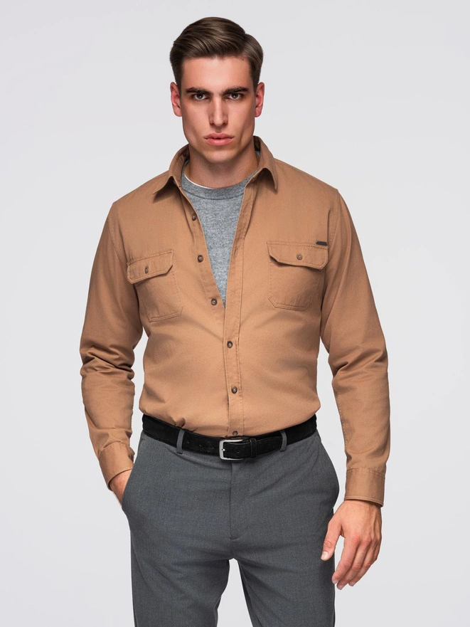 Men's REGULAR FIT cotton shirt with buttoned pockets - camel V2 OM-SHCS-0146