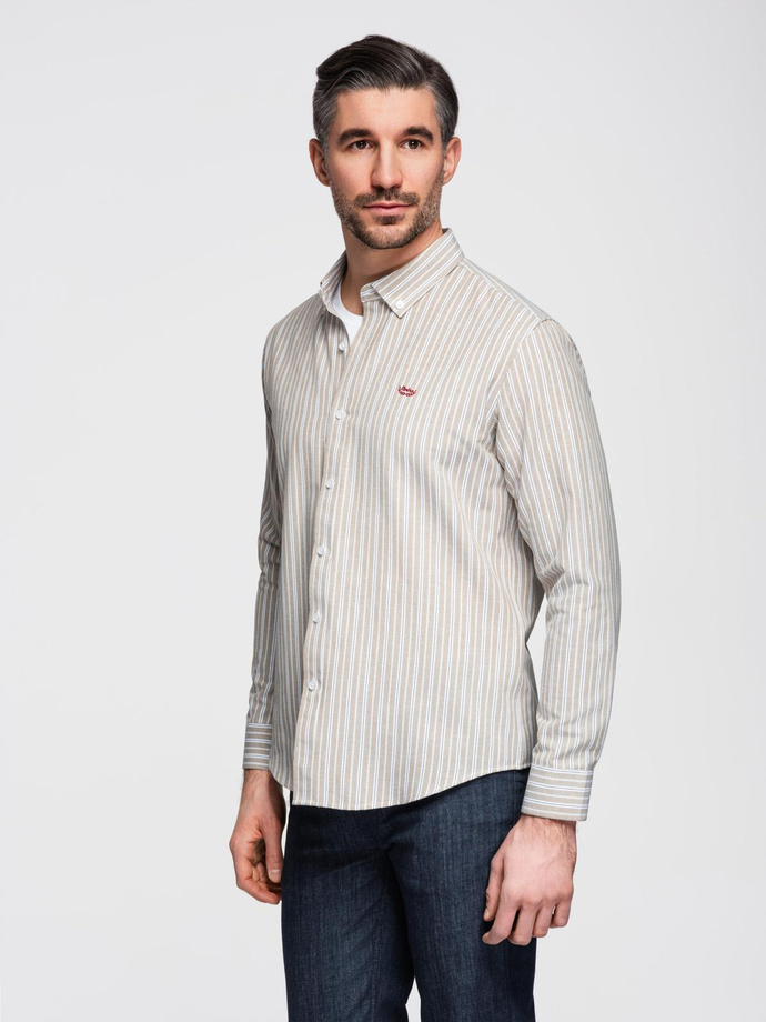 Bawełniana koszula męska REGULAR FIT w drobne paski – beżowa V1 OM-SHOS-0170