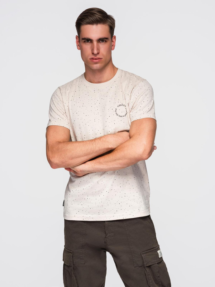Męski bawełniany t-shirt z nadrukiem i okrągłym dekoltem – beżowy V2 OM-TSFP-0186
