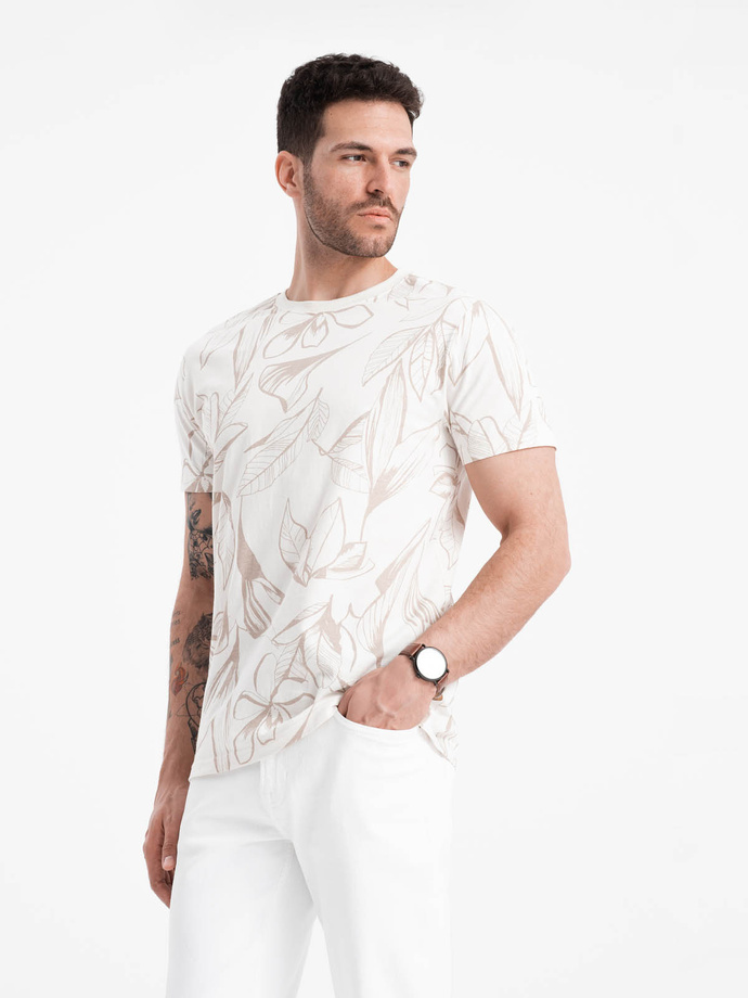Men's full-print t-shirt in contrasting leaves - light beige V1 OM-TSFP-0180