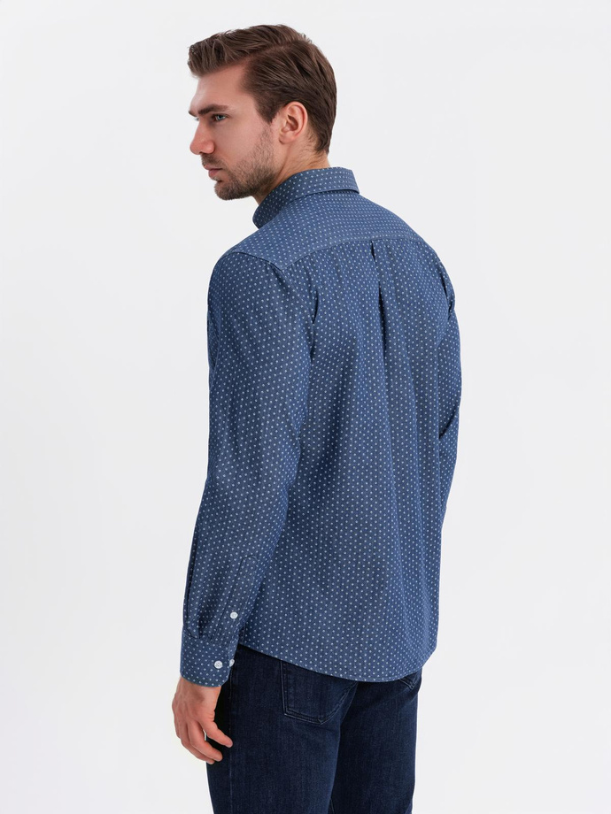 Men's patterned thin denim shirt with pocket - blue V2 OM-SHDS-0179