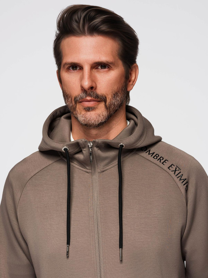 Men's unbuttoned sweatshirt with stand-up collar and hood - gray-brown V3 OM-SSZP-0216