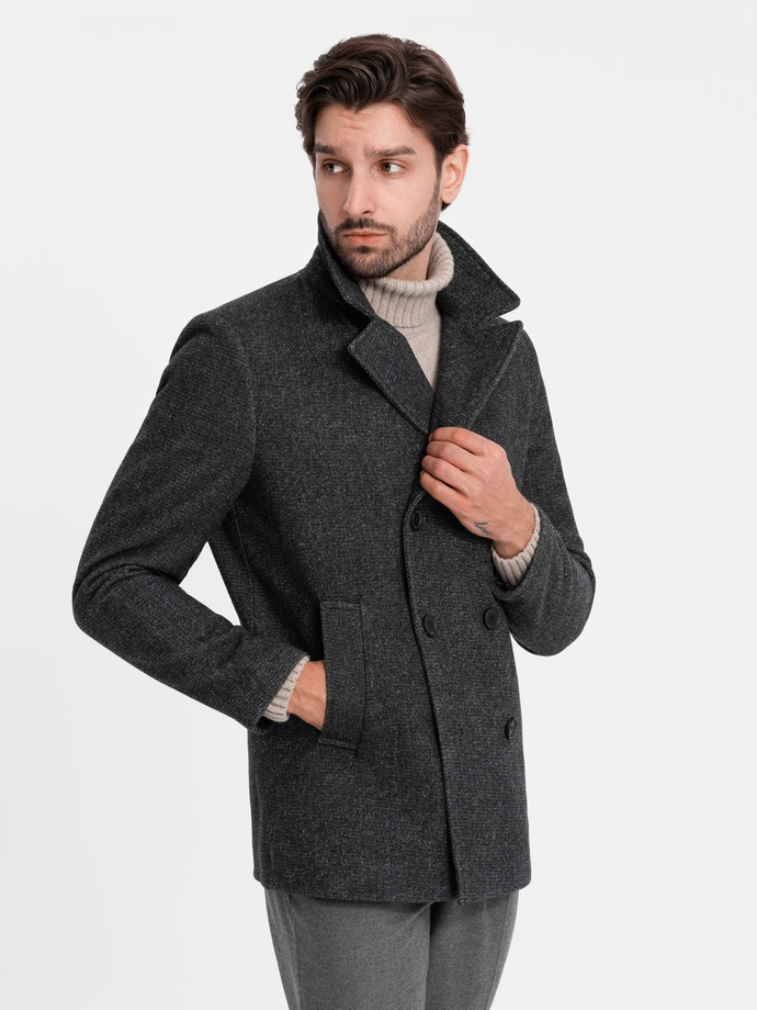 Men's short double-breasted wool coat - graphite V1 OM-COWC-0115