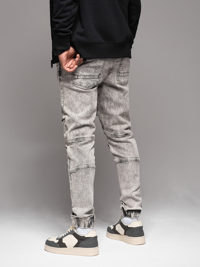 Men's denim jogger pants with rips and zippers - gray V4 OM-PADJ-0243