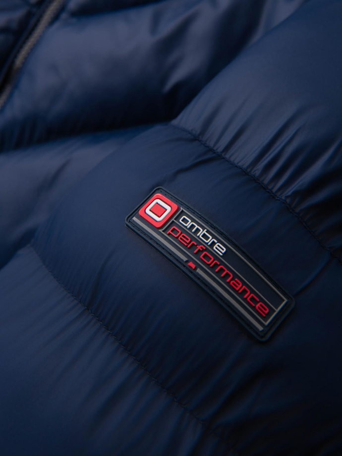 Nowoczesna męska pikowana kurtka z łączonych materiałów – granatowa V2 OM-JAHP-0303