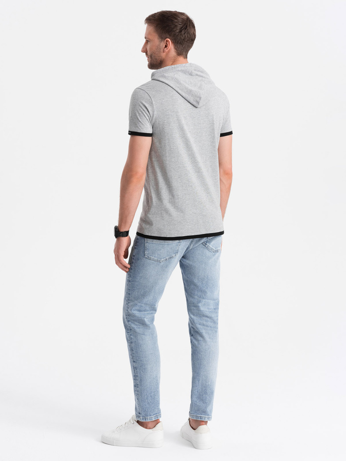 Casualowy męski bawełniany t-shirt z kapturem – szary melanż V8 OM-TSCT-22SS-001