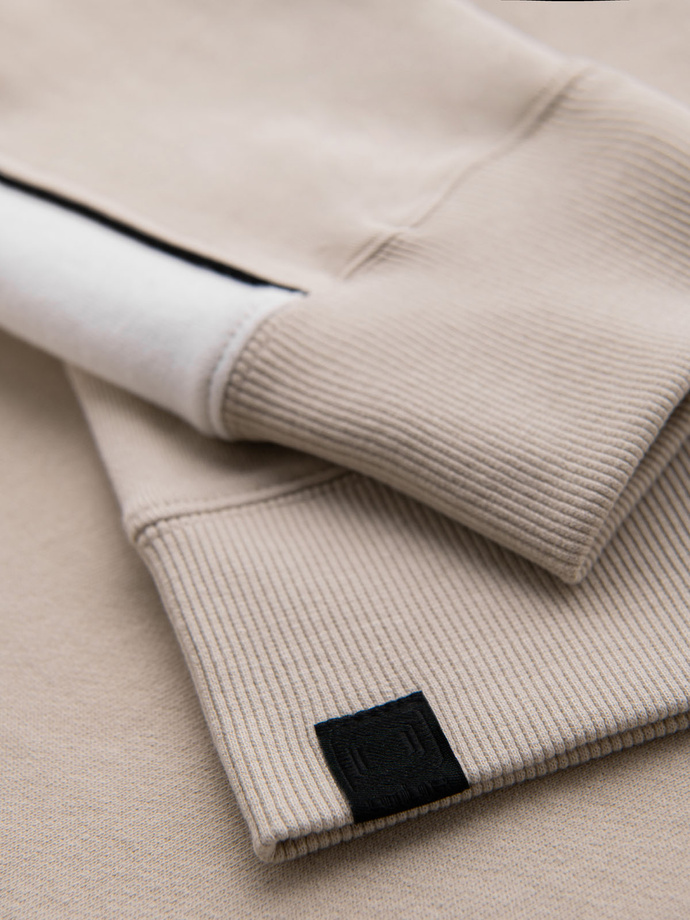 Bawełniana męska bluza z kapturem z kontrastującymi elementami - beżowa V2 OM-SSNZ-0225