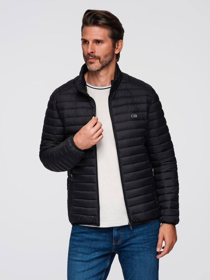Men's quilted jacket with high zipped hood - black V1 OM-JAHP-0238